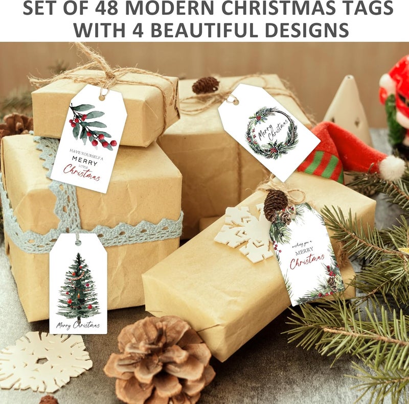 QOIUSO Beautiful Watercolor Christmas Gift Tags - 48 Pcs Rustic Christmas Name Tags with String for Personalizing Your Holiday Presents - Spread Joy and Cheer with These Festive Paper Labels - Image 2